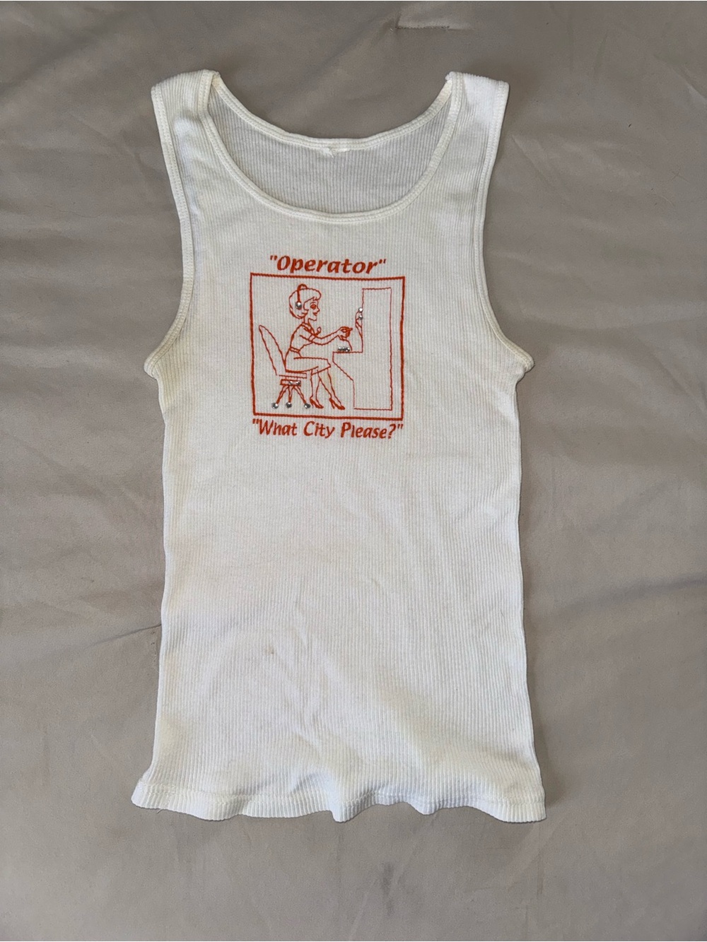 Y2K 90’s Style White Ribbed Tank Top with Orange Graphic and Rhinestones